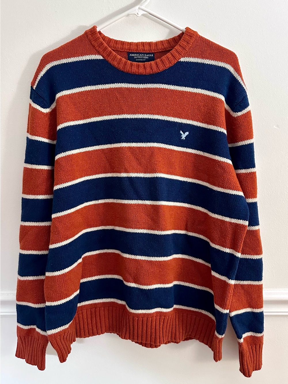 American Eagle Striped Sweater Large Crewneck Cotton Wool Knit Rust Navy Blue